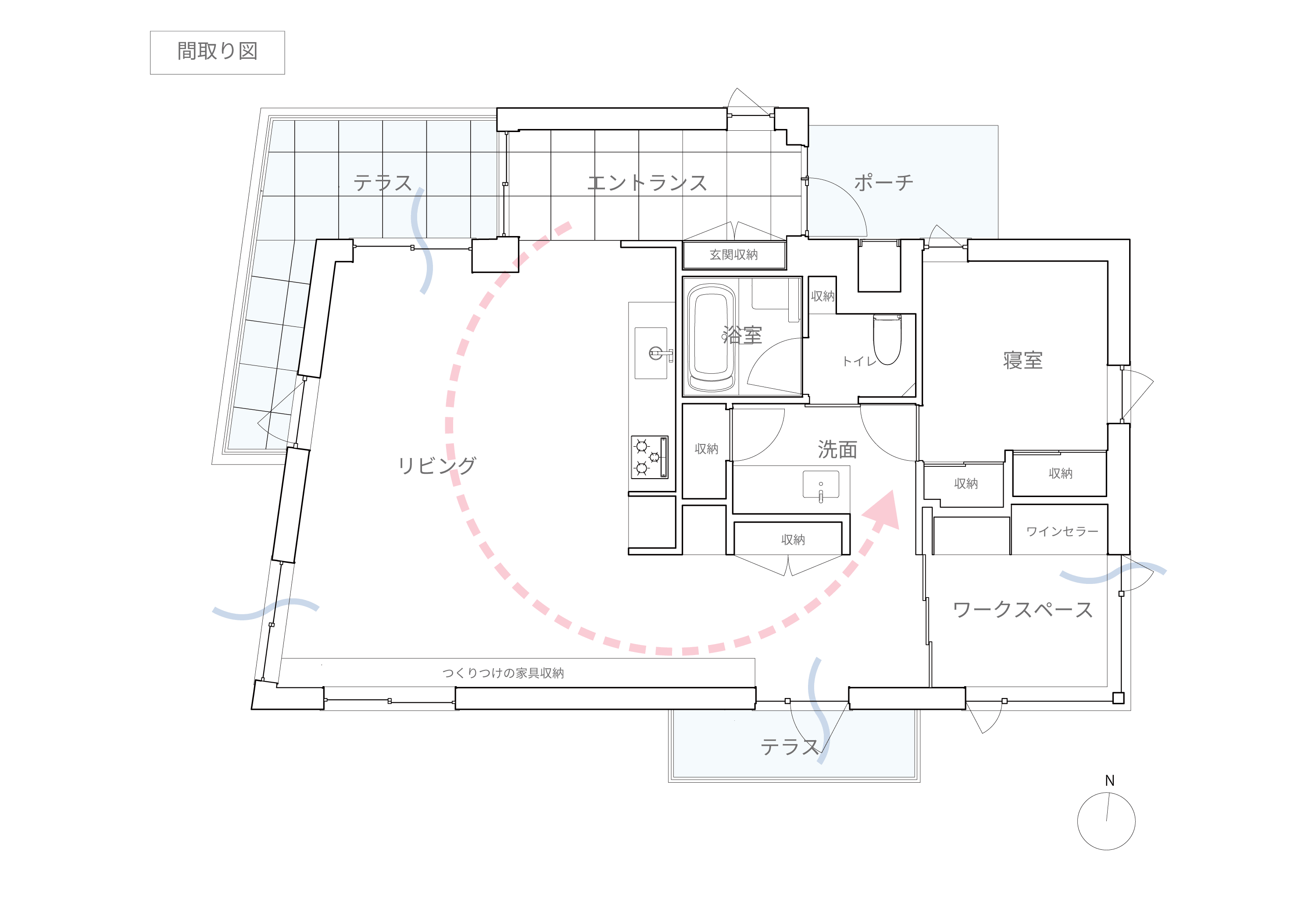 四面採光で明るさや風通しが確保された住戸構成｜「の」 の字形を描くように中に行くほどプライベートな空間に｜仕切らないよう意識された配置計画